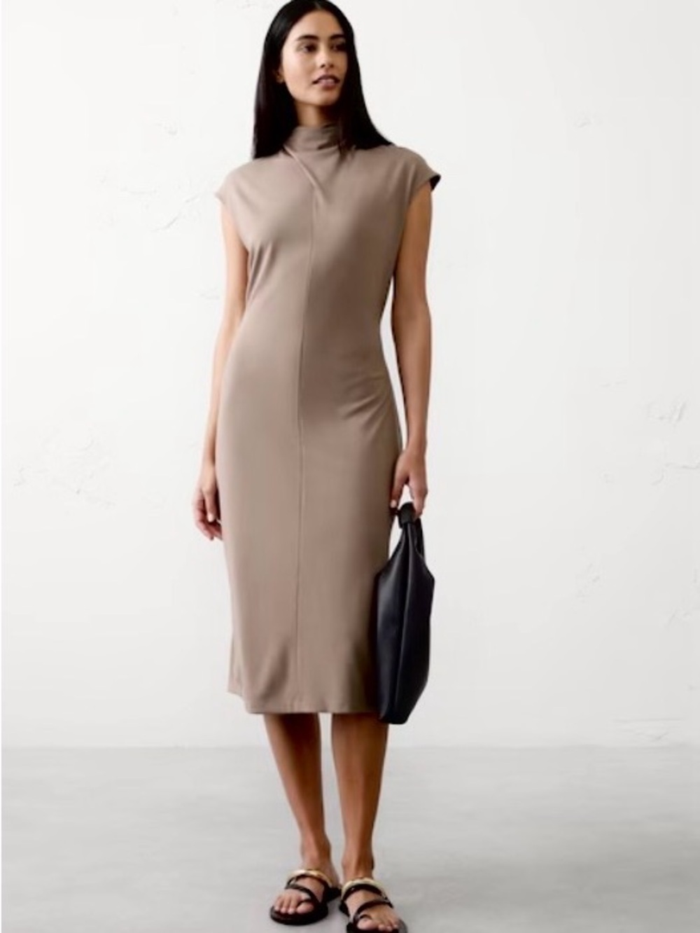 Banana Republic Taupe High-Neck Cap Sleeve Midi Dress